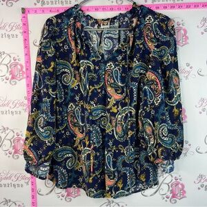 Anne Klein shirt long sleeve Navy Paisley Blouse with Coral and Teal Accents